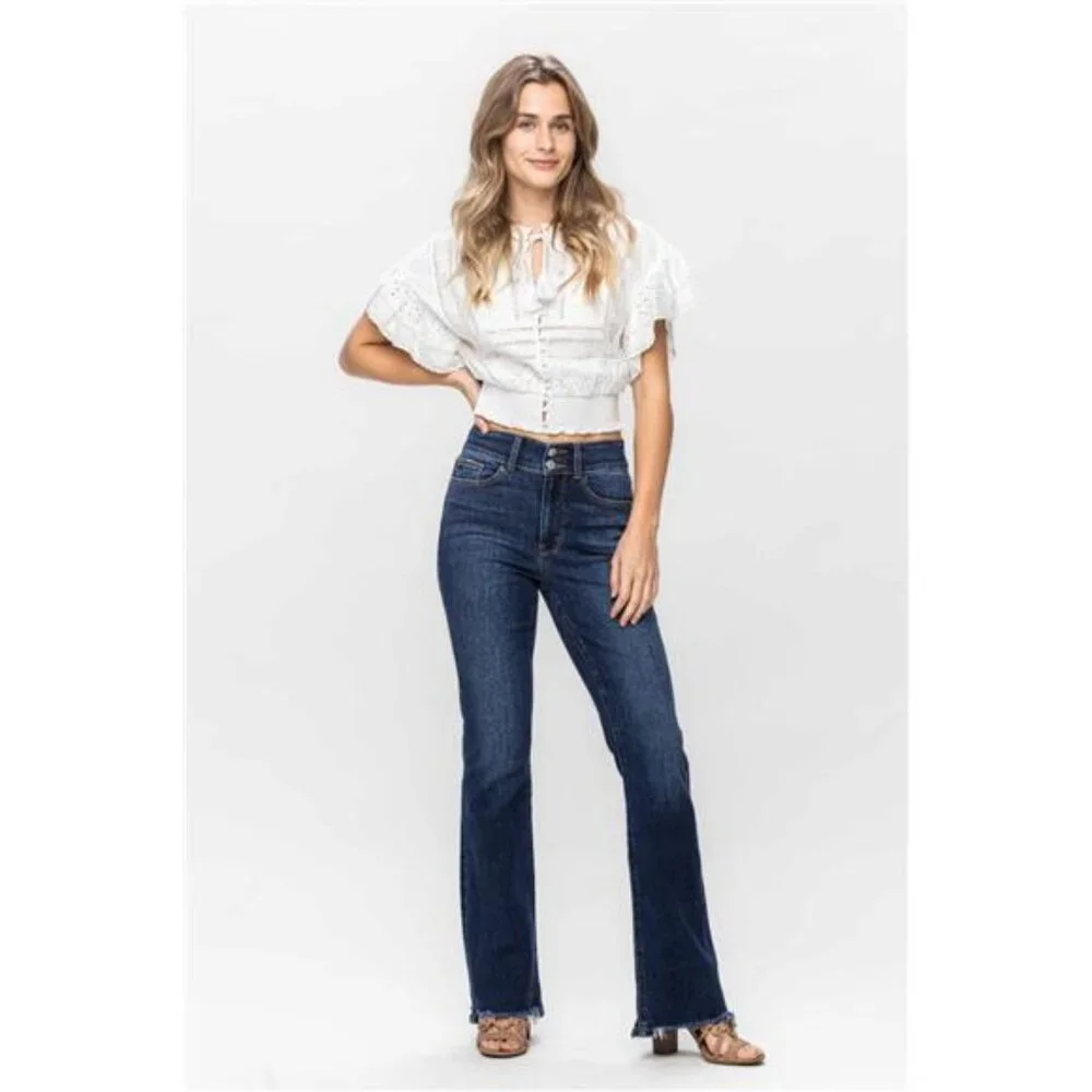 NWT Judy Blue Frayed Hem Bootcut Jeans, Dark Wash, Stretchy, Comfy, Fall Fashion - Picture 7 of 8